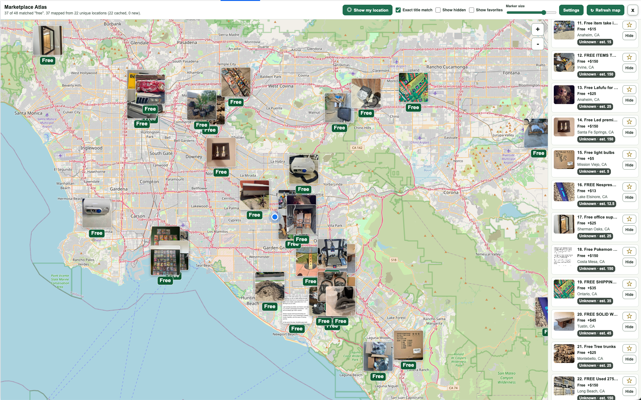 Marketplace Atlas showing free items mapped across Los Angeles